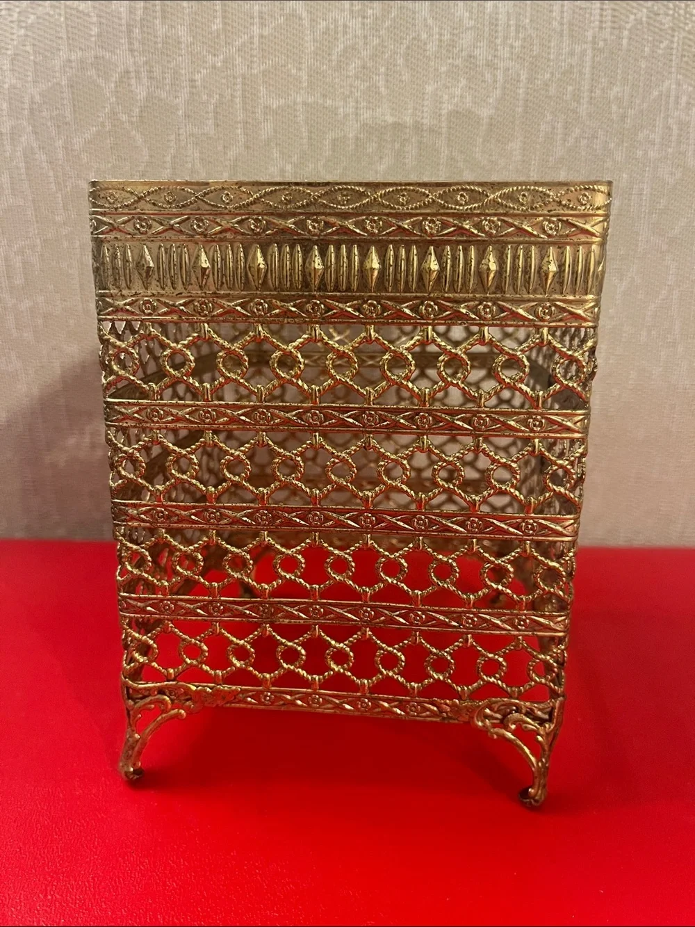 Vintage Hollywood Regency Filigree Ormolu Gold Tissue Box Holder Geometric Deco